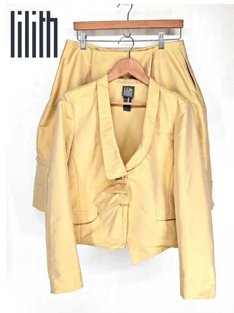 Lilith Paris Yellow Asymmetric Taffeta Skirt Suit Architectural Jacket Sz 40 M